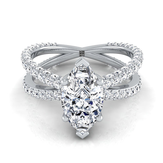 Platinum Marquise  Open Diamond Pave Criss Cross Engagement Ring -1-1/3ctw