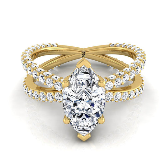 18K Yellow Gold Marquise  Open Diamond Pave Criss Cross Engagement Ring -1-1/3ctw