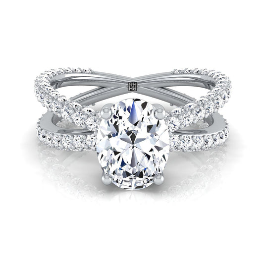 Platinum Oval Open Diamond Pave Criss Cross Engagement Ring -1-1/3ctw