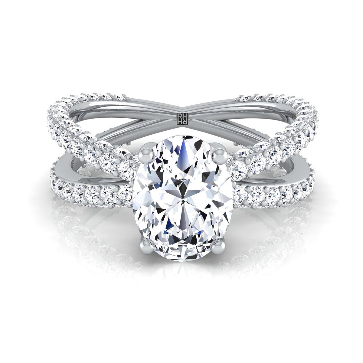 18K White Gold Oval Open Diamond Pave Criss Cross Engagement Ring -1-1/3ctw