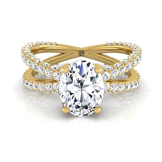 14K Yellow Gold Oval Open Diamond Pave Criss Cross Engagement Ring -1-1/3ctw