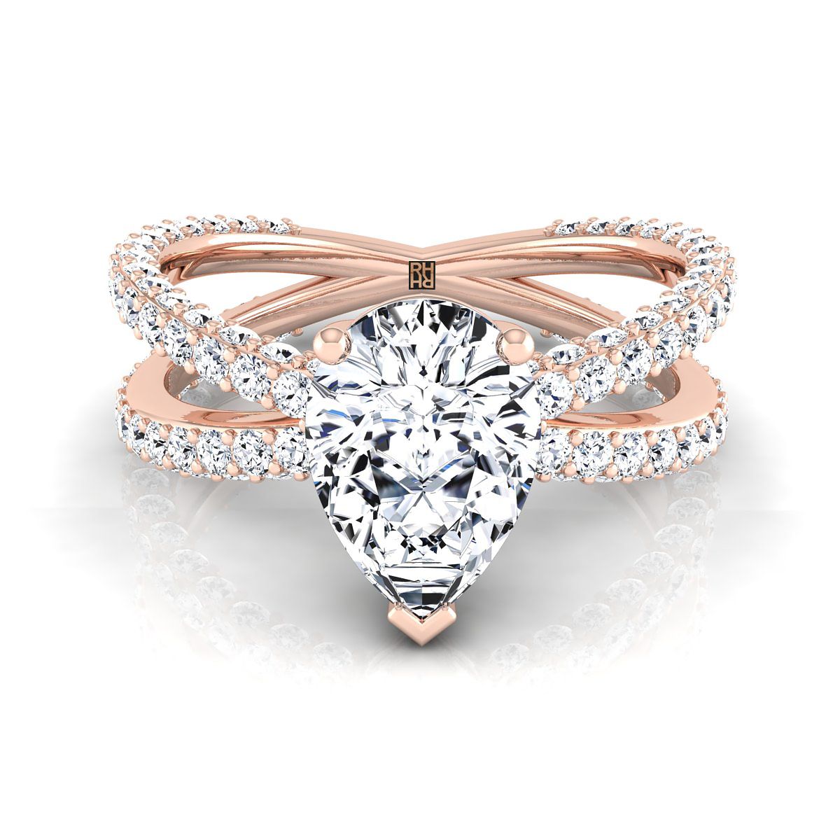 แหวนหมั้นเพชรทรงลูกแพร์ 14K Rose Gold Pave Criss Cross -1-1/3ctw