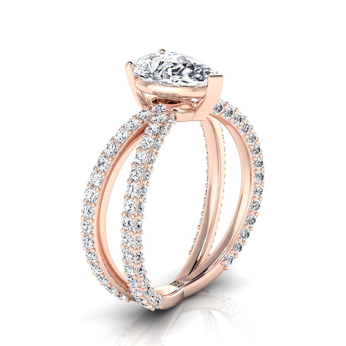 แหวนหมั้นเพชรทรงลูกแพร์ 14K Rose Gold Pave Criss Cross -1-1/3ctw