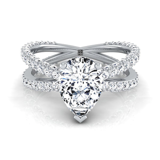 14K White Gold Pear Shape Center Open Diamond Pave Criss Cross Engagement Ring -1-1/3ctw