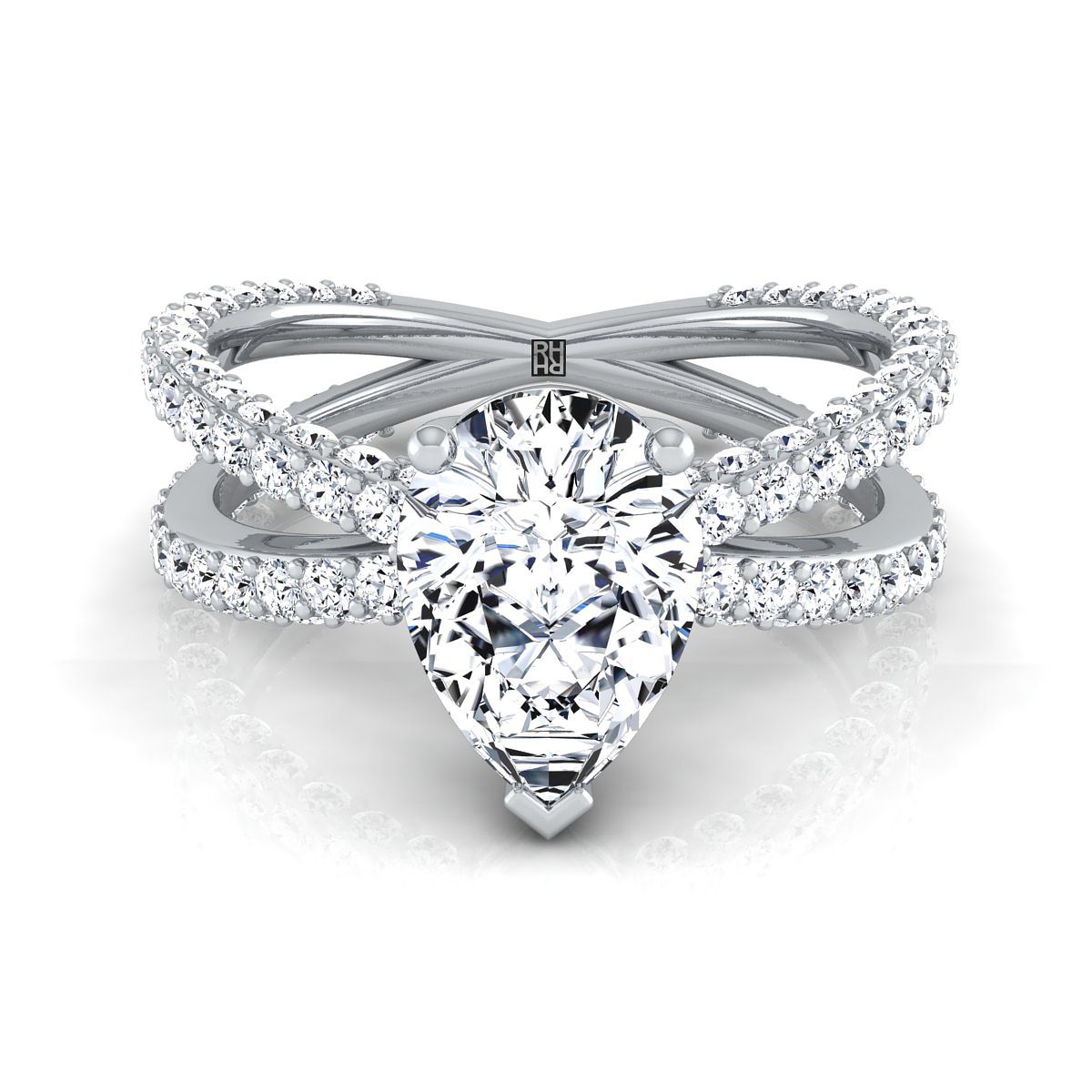 18K White Gold Pear Shape Center Open Diamond Pave Criss Cross Engagement Ring -1-1/3ctw