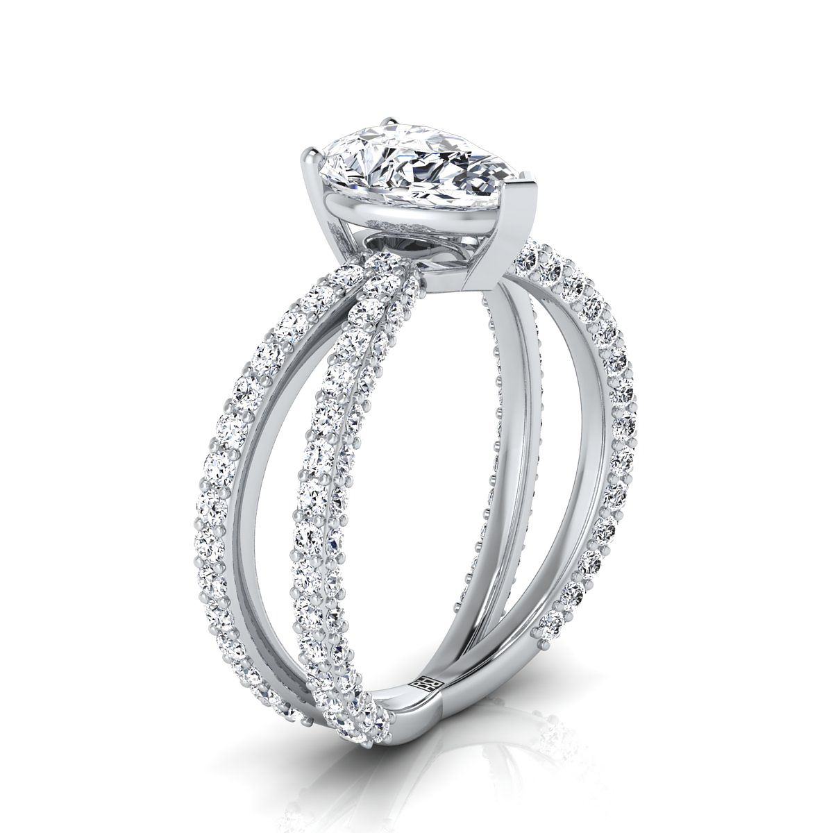 แหวนหมั้นเพชร 14K White Gold Pear Shape Center Open Diamond Pave Criss Cross -1-1/3ctw