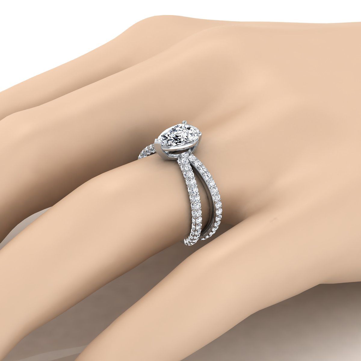 แหวนหมั้นเพชร 14K White Gold Pear Shape Center Open Diamond Pave Criss Cross -1-1/3ctw