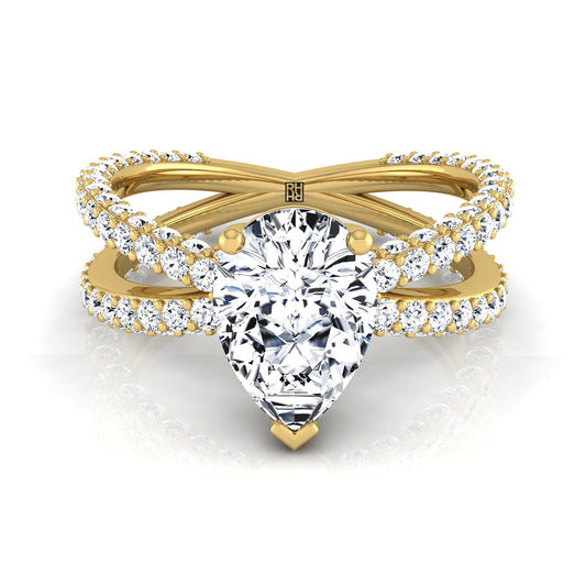 14K Yellow Gold Pear Shape Center Open Diamond Pave Criss Cross Engagement Ring -1-1/3ctw