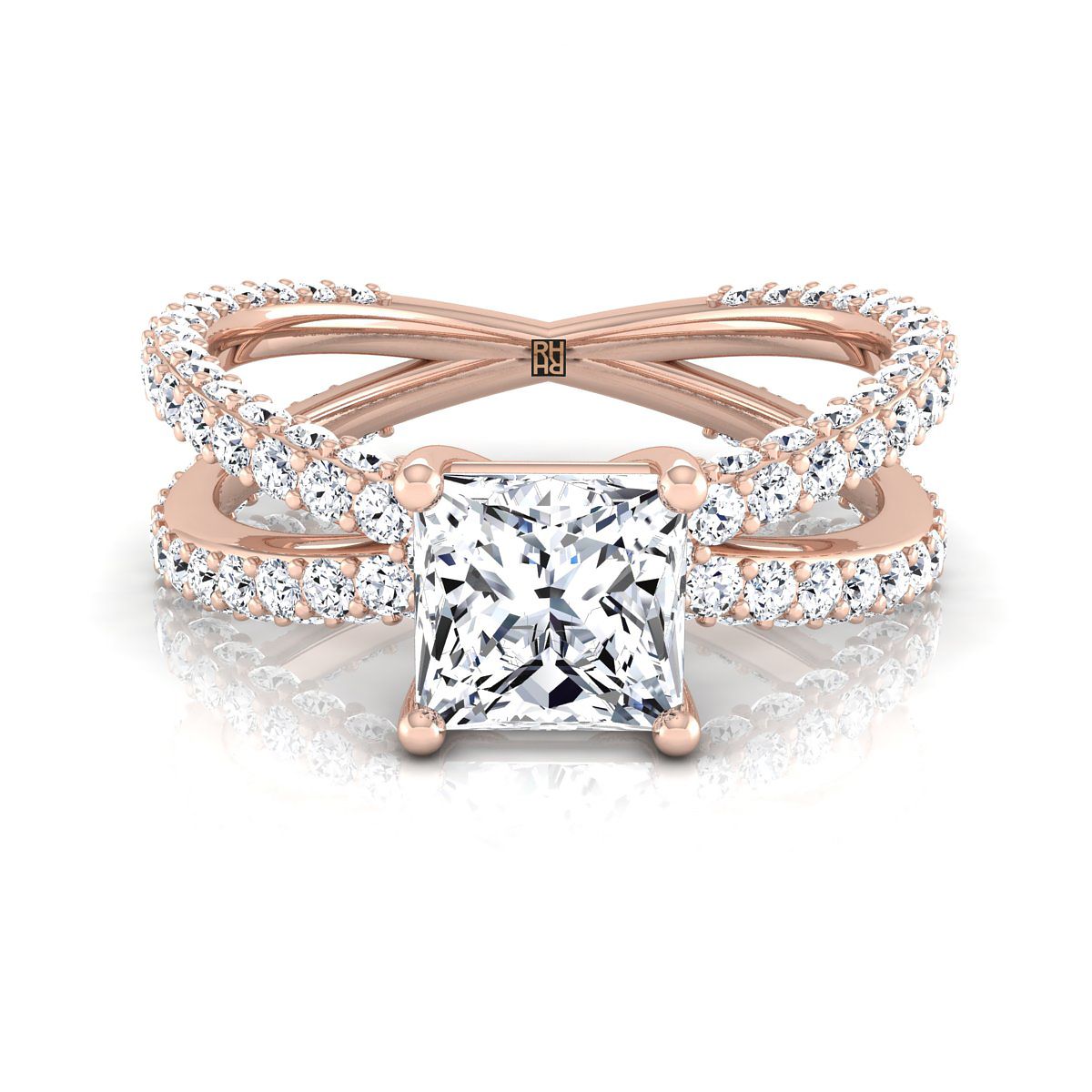 แหวนหมั้นเพชร 14K Rose Gold Princess Cut Pave Criss Cross -1-1/3ctw