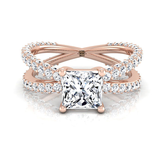 แหวนหมั้นเพชร 14K Rose Gold Princess Cut Pave Criss Cross -1-1/3ctw