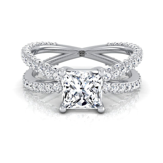 แหวนหมั้นเพชร 14K White Gold Princess Cut Open Diamond Pave Criss Cross -1-1/3ctw