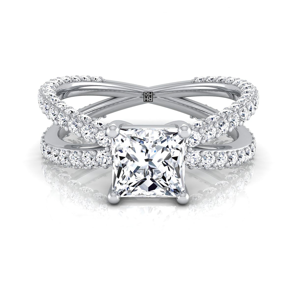 แหวนหมั้นเพชร 18K White Gold Princess Cut Open Diamond Pave Criss Cross -1-1/3ctw