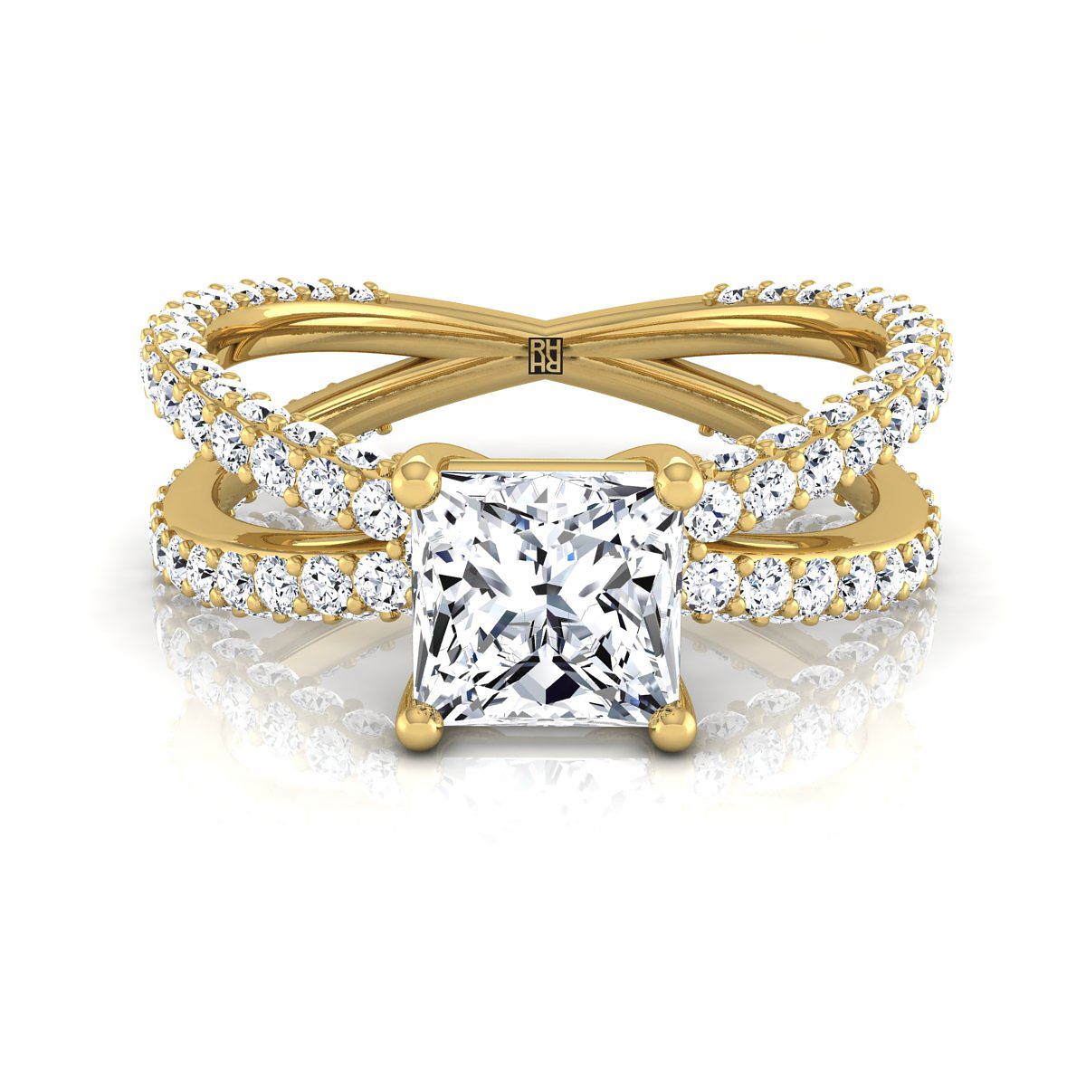 แหวนหมั้นเพชร 18K Yellow Gold Princess Cut Pave Criss Cross -1-1/3ctw