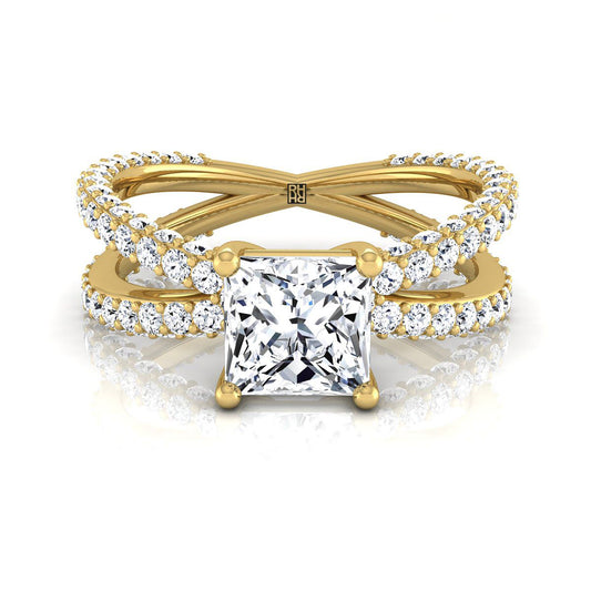 แหวนหมั้นเพชร 18K Yellow Gold Princess Cut Pave Criss Cross -1-1/3ctw