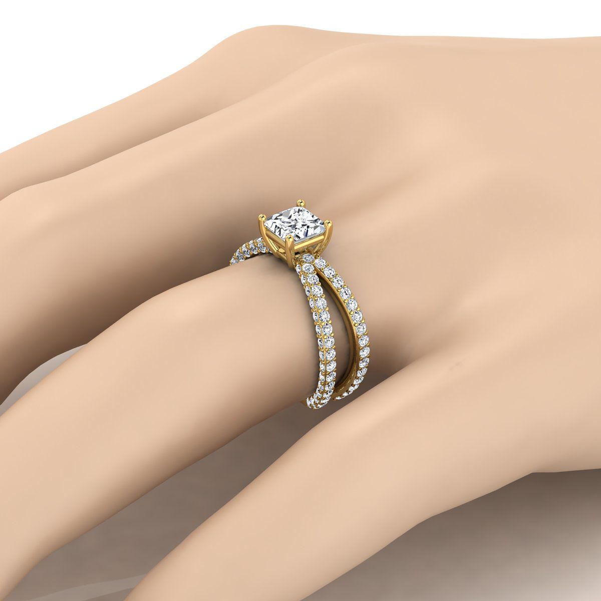 แหวนหมั้นเพชร 18K Yellow Gold Princess Cut Pave Criss Cross -1-1/3ctw