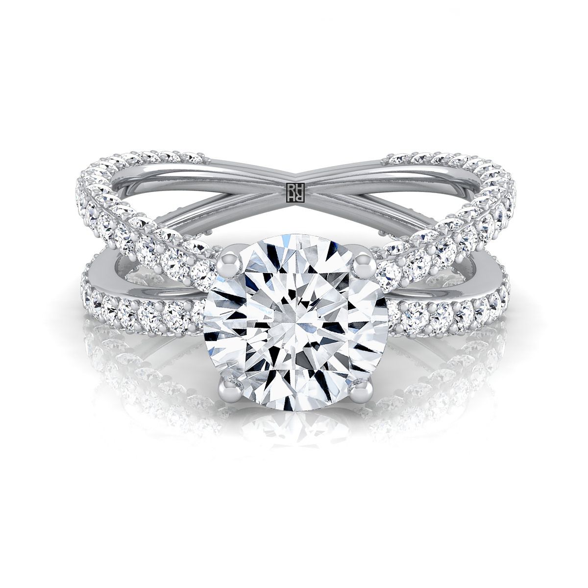 Platinum Round Brilliant Open Diamond Pave Criss Cross Engagement Ring -1-1/3ctw