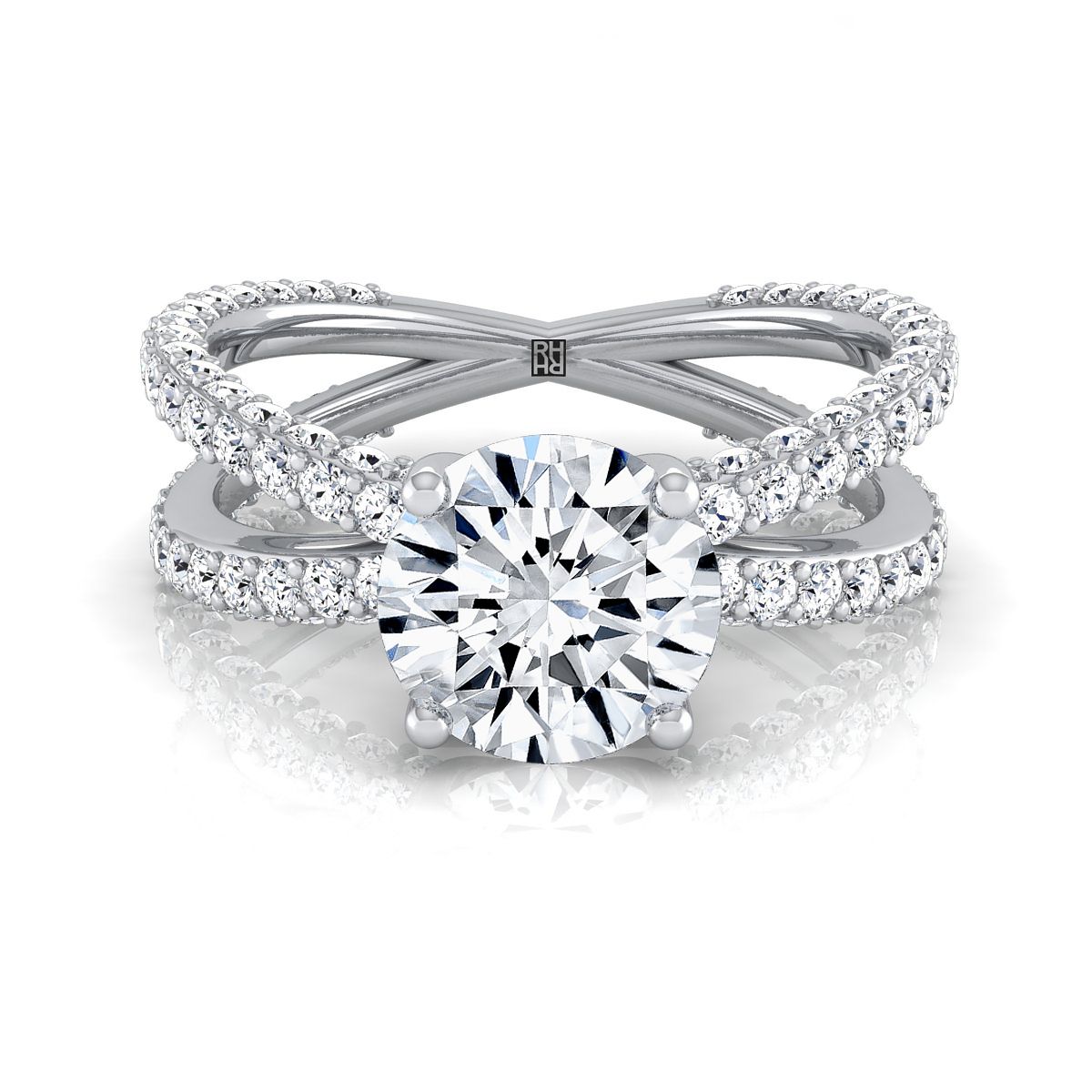 18K White Gold Round Brilliant Open Diamond Pave Criss Cross Engagement Ring -1-1/3ctw