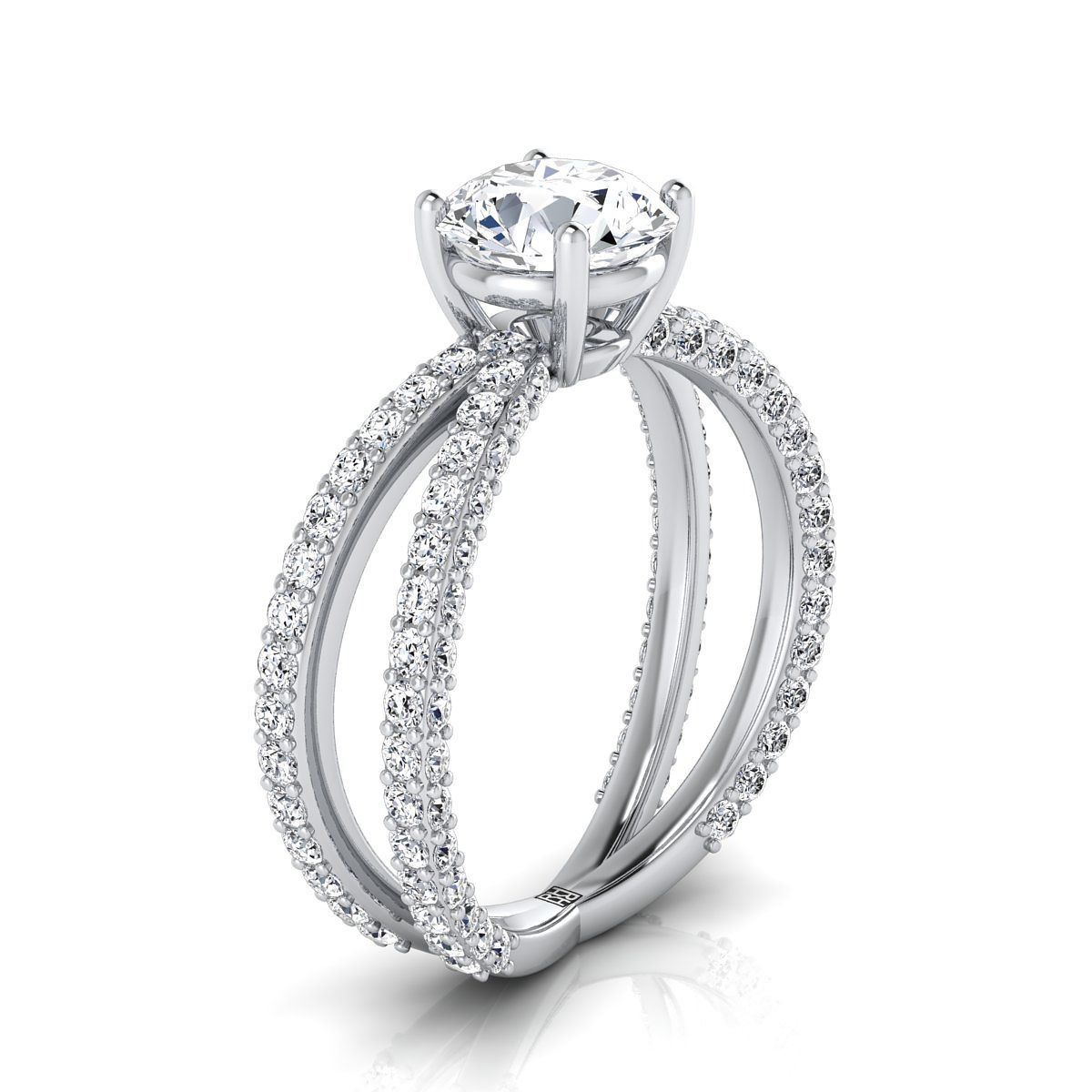 Platinum Round Brilliant Open Diamond Pave Criss Cross Engagement Ring -1-1/3ctw