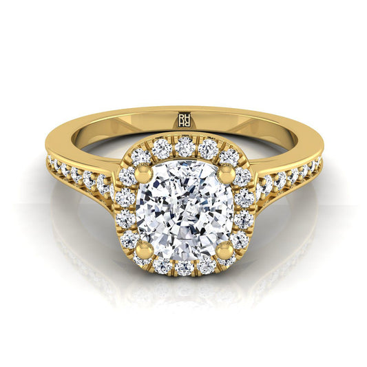 18K Yellow Gold Cushion Diamond Classic Halo with Channel French Pave Engagement RIng  -1/3ctw