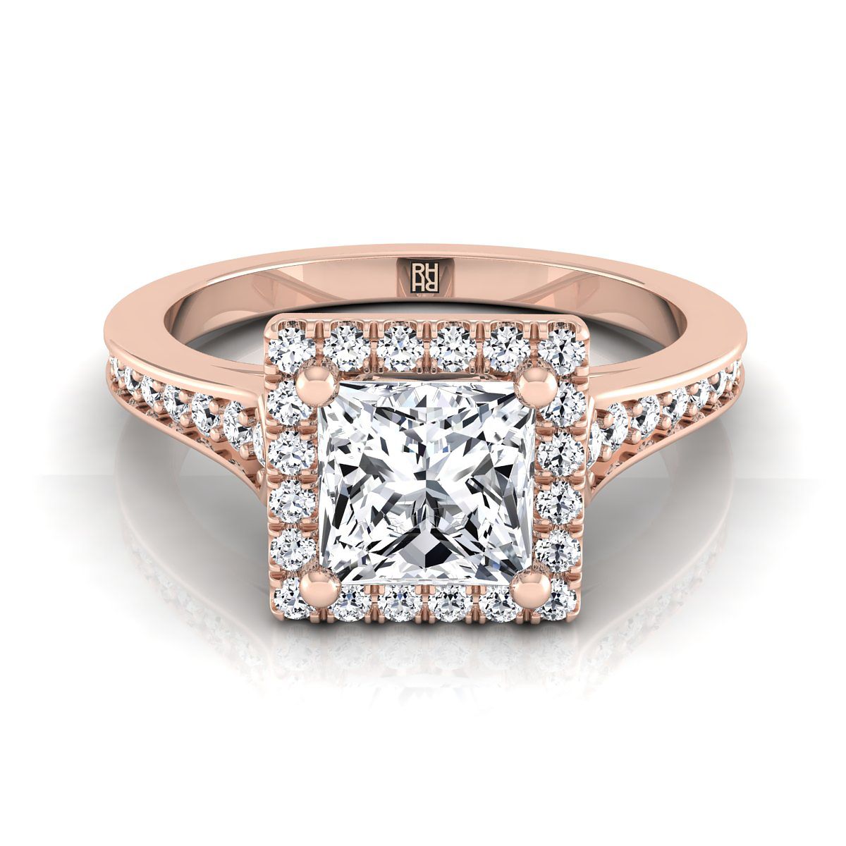 14K Rose Gold Princess Cut Diamond Classic Halo with Channel French Pave Engagement RING -1/3ctw