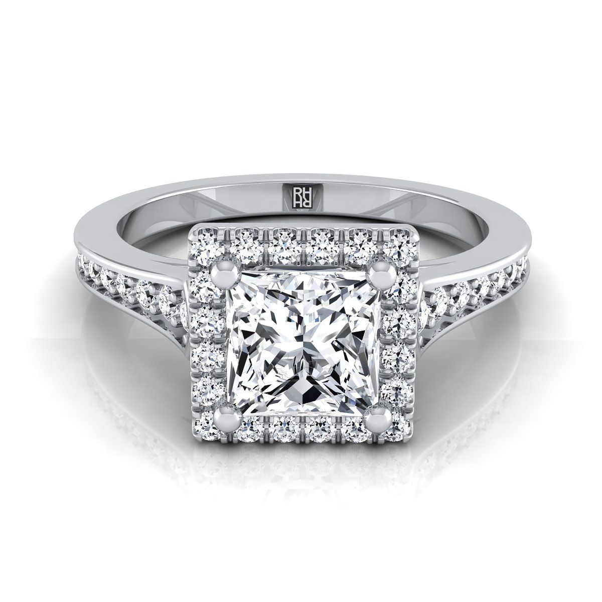 18K White Gold Princess Cut Diamond Classic Halo with Channel French Pave Engagement RING -1/3ctw