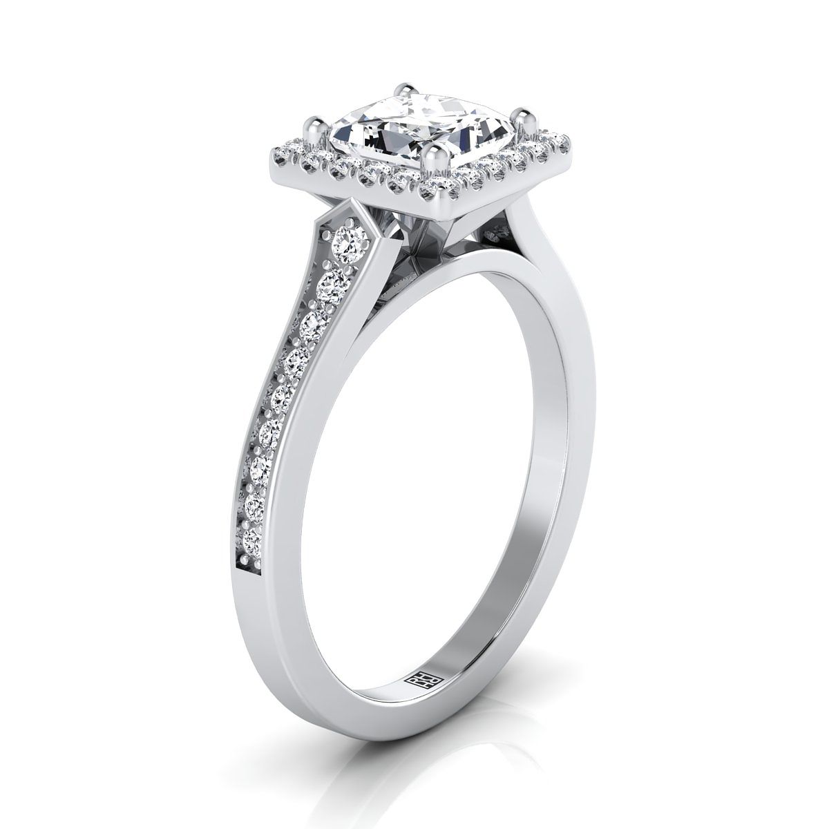 แหวนหมั้นเพชร Princess Cut แพลทินัม Classic Halo พร้อมแหวนหมั้น Channel French Pave -1/3ctw