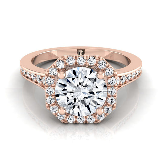 14K Rose Gold Round Brilliant Diamond Classic Halo พร้อมแหวนหมั้น Channel French Pave -1/3ctw