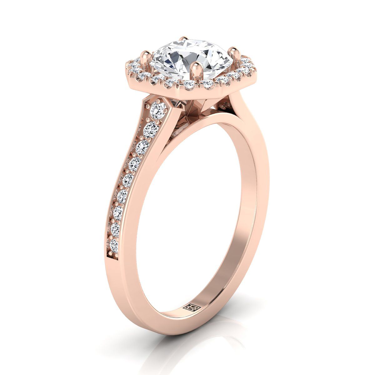 14K Rose Gold Round Brilliant Diamond Classic Halo พร้อมแหวนหมั้น Channel French Pave -1/3ctw