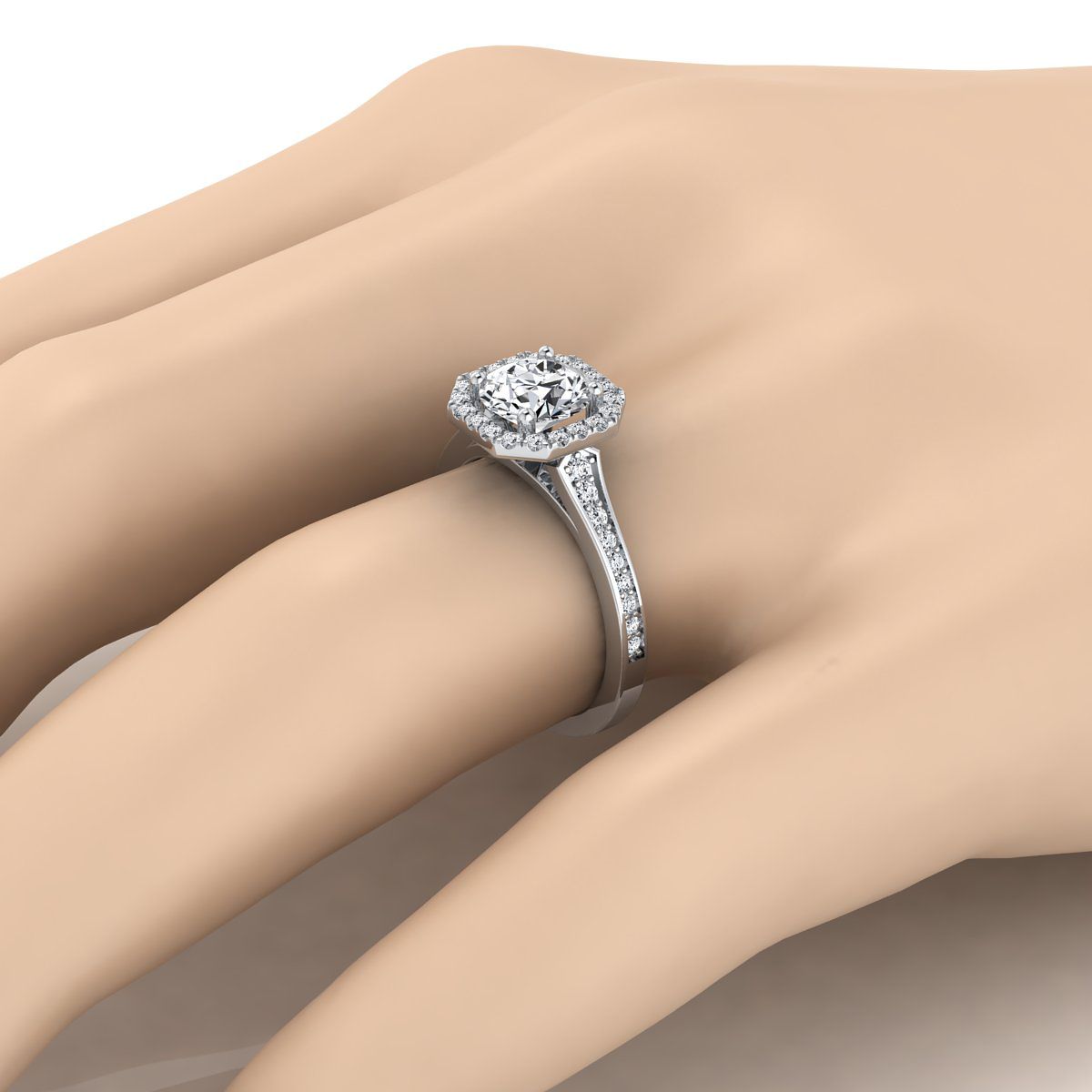 14K White Gold Round Brilliant Diamond Classic Halo with Channel French Pave แหวนหมั้น -1/3ctw