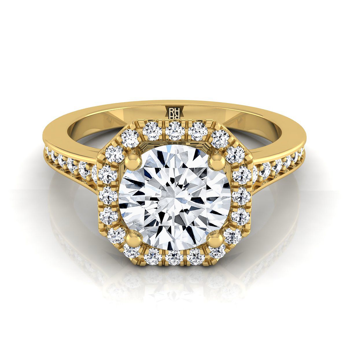 14K สีเหลืองทอง Round Brilliant Diamond Classic Halo พร้อมแหวนหมั้น Channel French Pave -1/3ctw