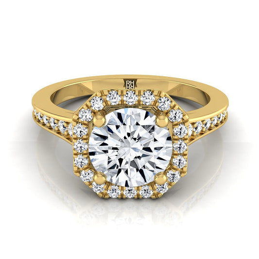 14K สีเหลืองทอง Round Brilliant Diamond Classic Halo พร้อมแหวนหมั้น Channel French Pave -1/3ctw