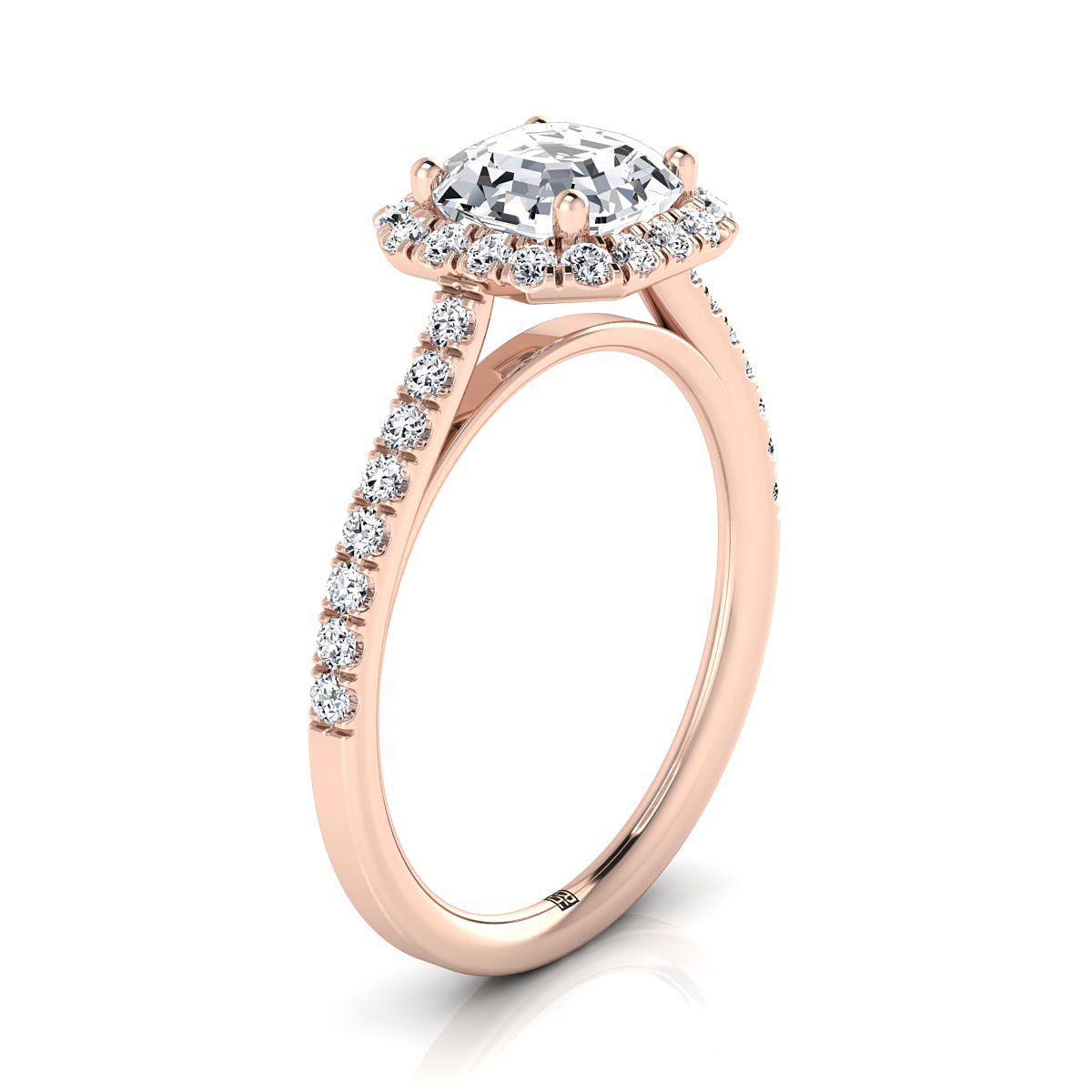 แหวนหมั้นเพชร 14K Rose Gold Asscher Cut Petite Halo French Pave -3/8ctw