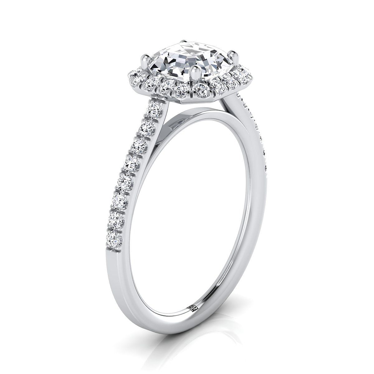 แหวนหมั้นเพชรแพลตตินัม Asscher Cut Petite Halo French Pave -3/8ctw