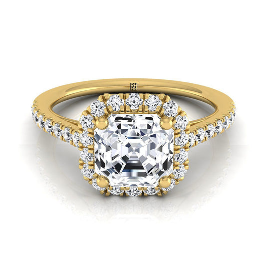 แหวนหมั้นเพชร 14K สีเหลืองทอง Asscher Cut Petite Halo French Pave -3/8ctw