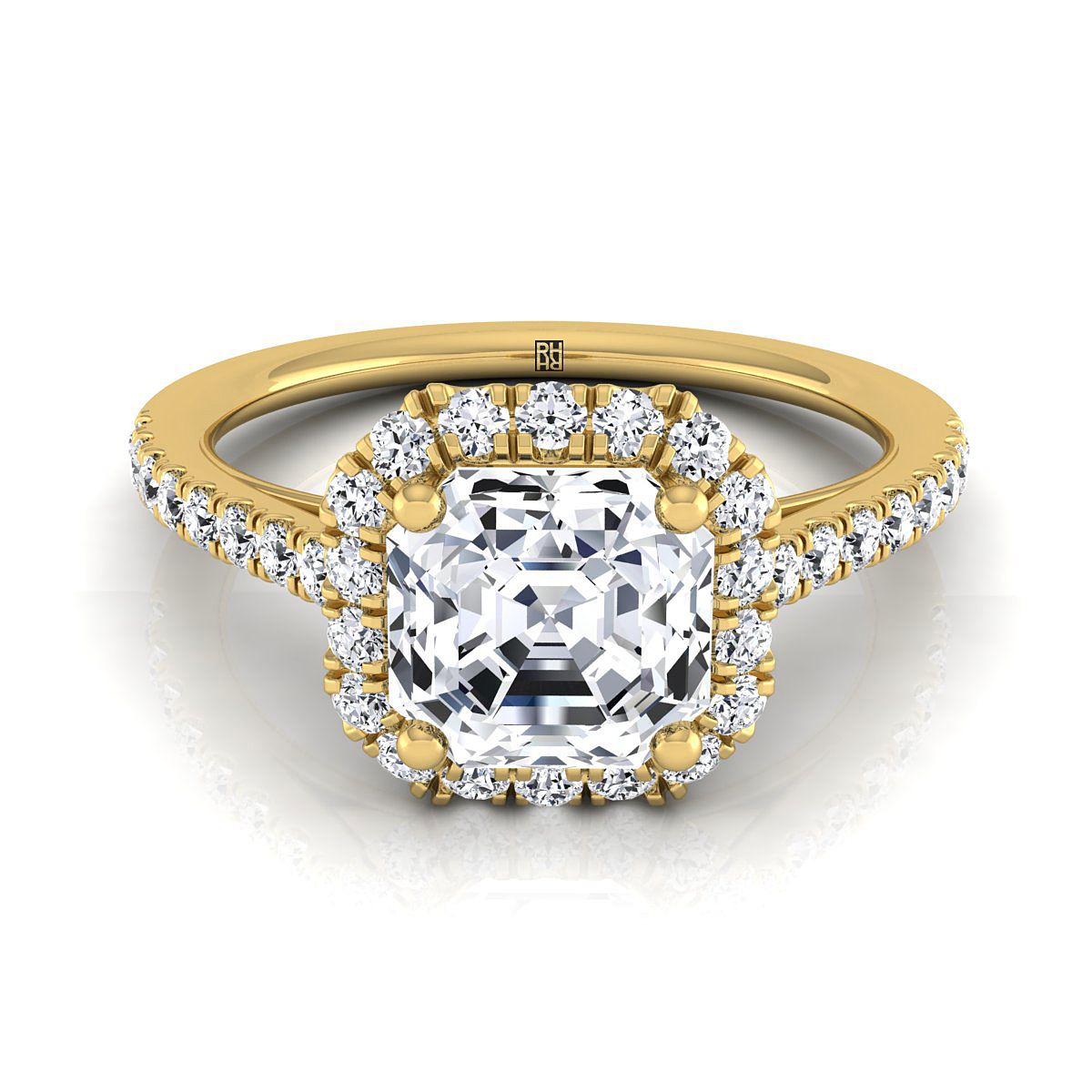 แหวนหมั้นเพชรสีเหลืองทอง 18K Asscher Cut Petite Halo French Pave -3/8ctw