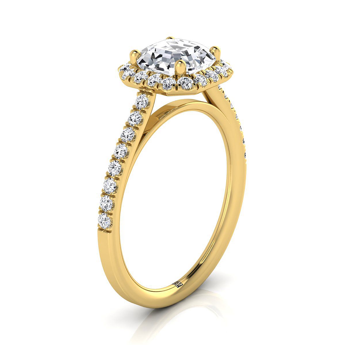 แหวนหมั้นเพชร 14K สีเหลืองทอง Asscher Cut Petite Halo French Pave -3/8ctw