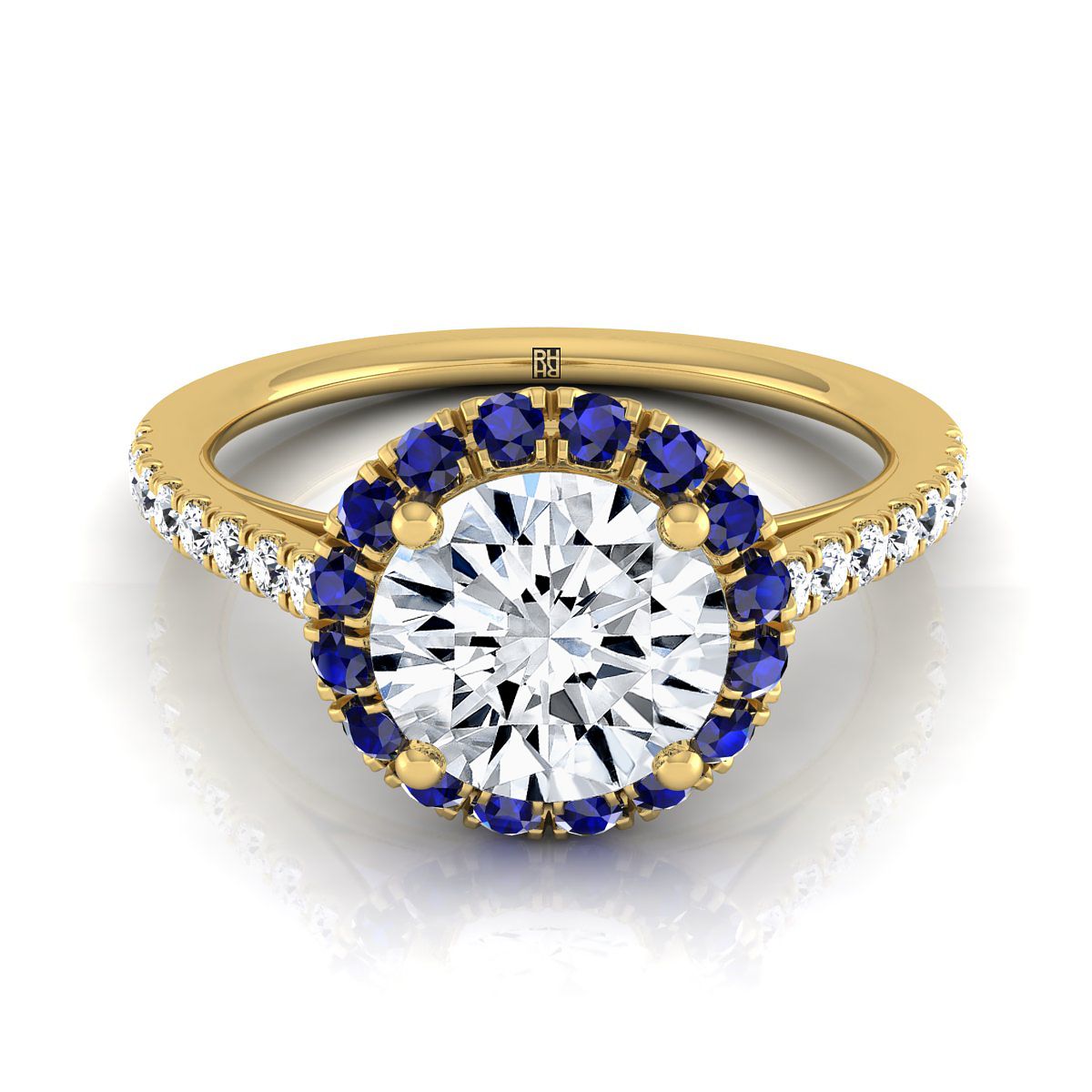 14K สีเหลืองทอง Round Brilliant Sapphire Petite Halo French Diamond Pave แหวนหมั้น -1/5ctw