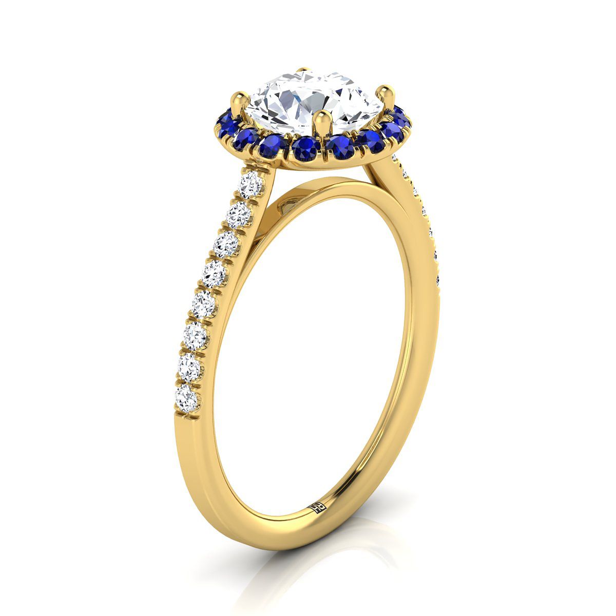 18K สีเหลืองทอง Round Brilliant Sapphire Petite Halo French Diamond Pave แหวนหมั้น -1/5ctw