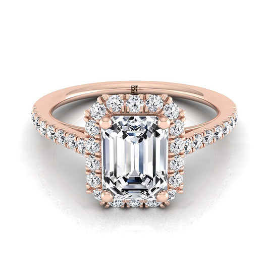 แหวนหมั้นเพชร 14K Rose Gold Emerald Cut Petite Halo French Pave -3/8ctw