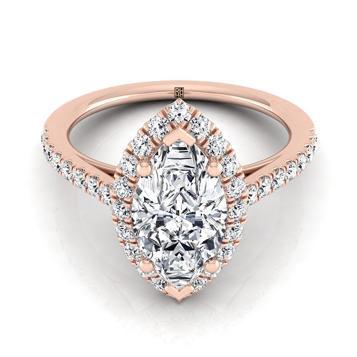 แหวนหมั้นเพชร Marquise 14K Rose Gold Petite Halo French Pave -3/8ctw