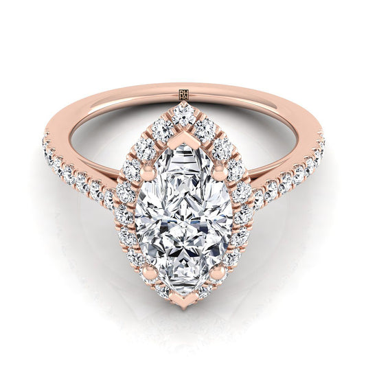 แหวนหมั้นเพชร Marquise 14K Rose Gold Petite Halo French Pave -3/8ctw