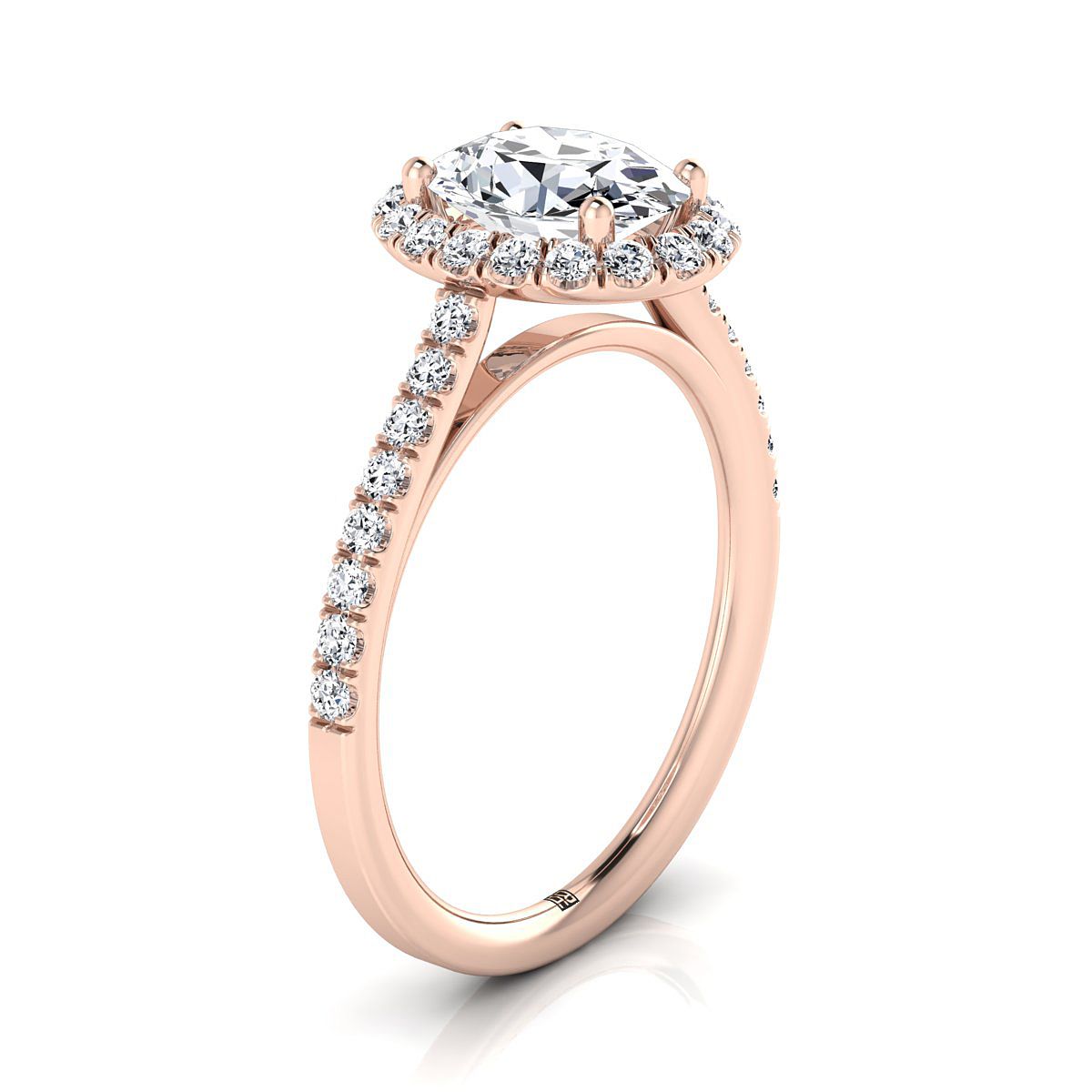 แหวนหมั้นเพชรรูปไข่โรสโกลด์ 14K Petite Halo French Pave -3/8ctw