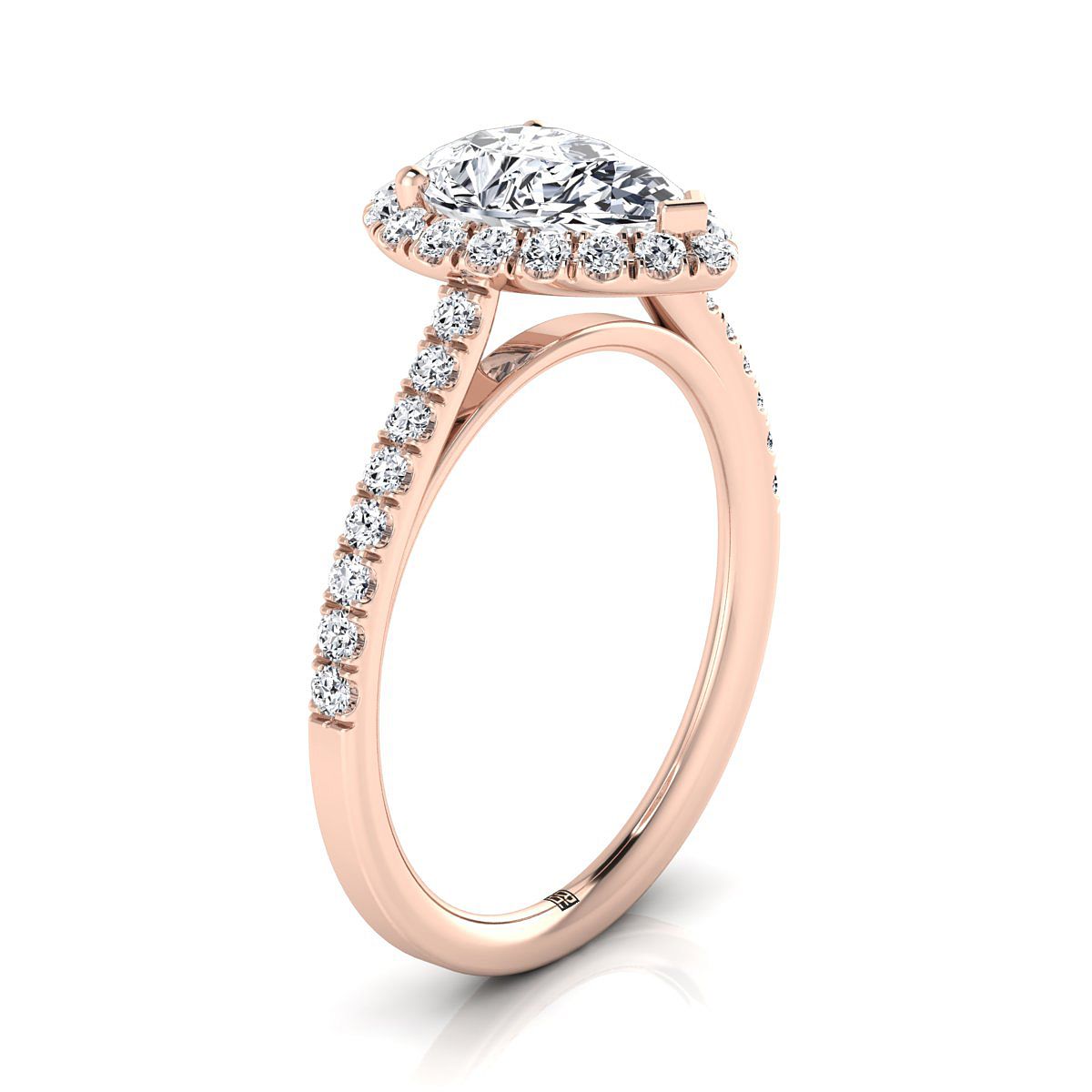 แหวนหมั้นเพชรทรงลูกแพร์ 14K Rose Gold Petite Halo French Pave -3/8ctw