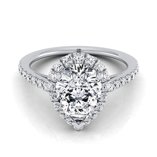 Platinum Pear Shape Center Diamond Petite Halo French Pave Engagement Ring -3/8ctw