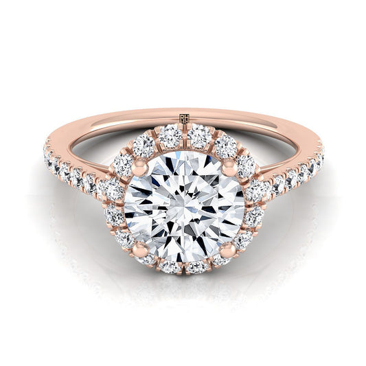 14K Rose Gold Round Brilliant Diamond Petite Halo French Pave Engagement Ring -3/8ctw