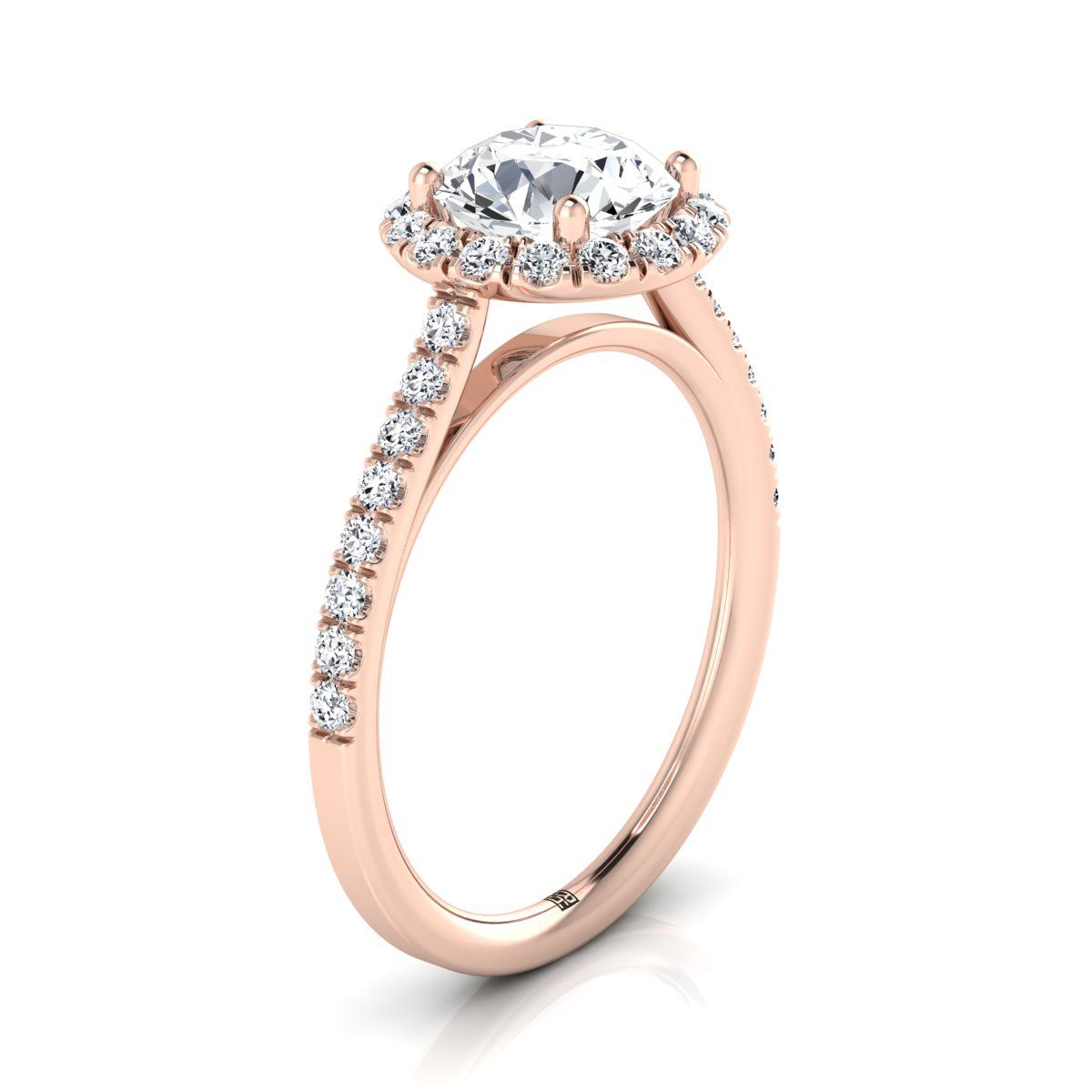 14K Rose Gold Round Brilliant Diamond Petite Halo French Pave แหวนหมั้น -3/8ctw