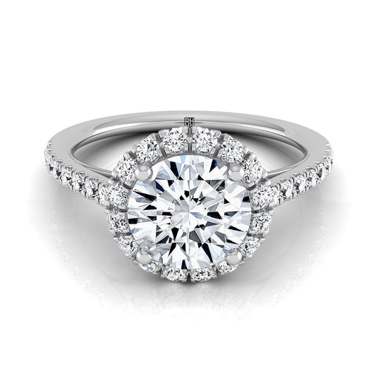 Platinum Round Brilliant Diamond Petite Halo French Pave Engagement Ring -3/8ctw