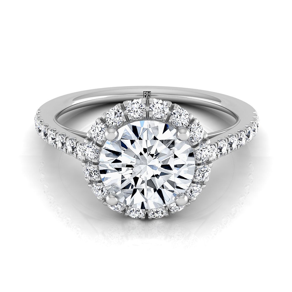 18K White Gold Round Brilliant Diamond Petite Halo French Pave Engagement Ring -3/8ctw