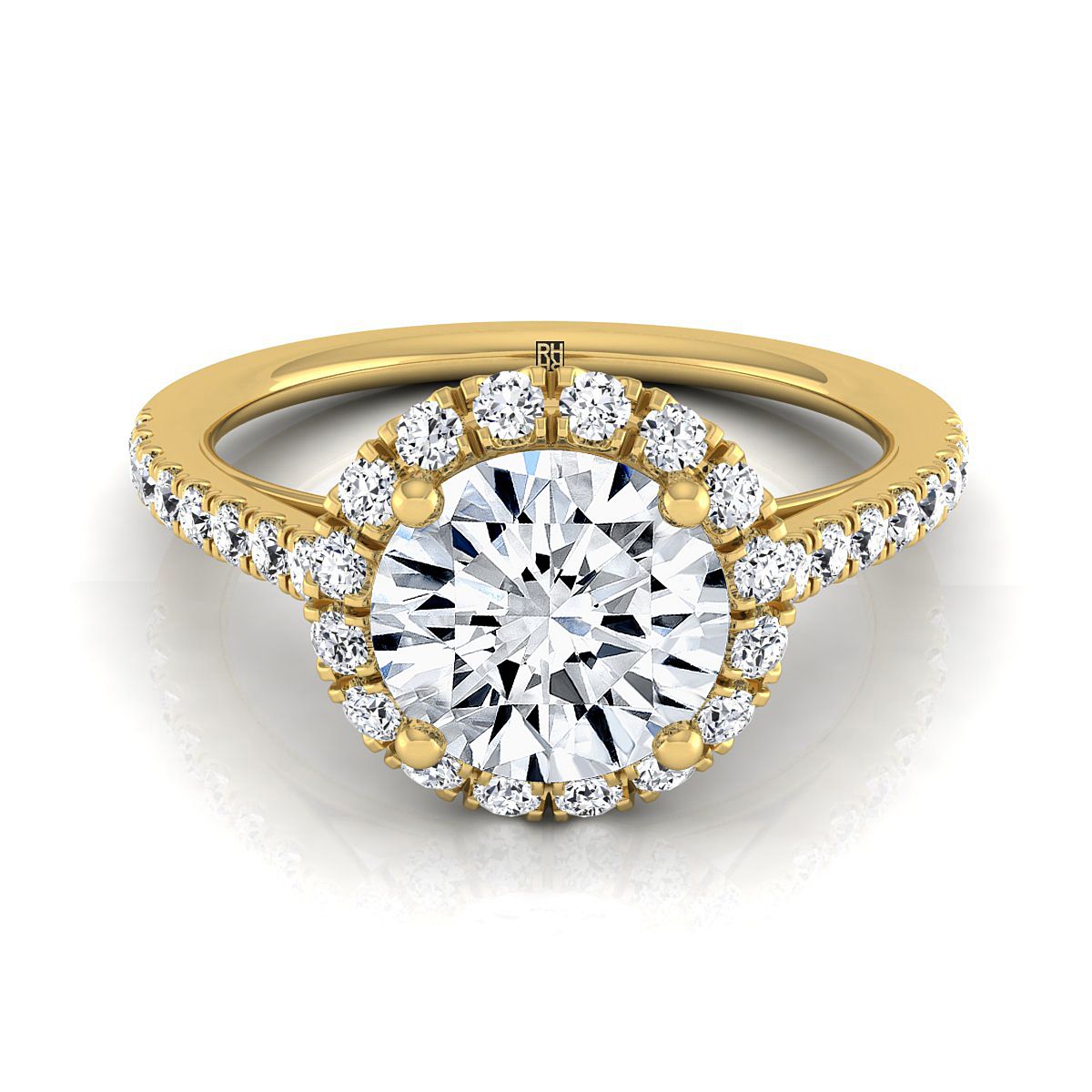 14K Yellow Gold Round Brilliant Diamond Petite Halo French Pave Engagement Ring -3/8ctw