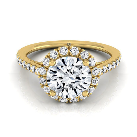 18K Yellow Gold Round Brilliant Diamond Petite Halo French Pave Engagement Ring -3/8ctw